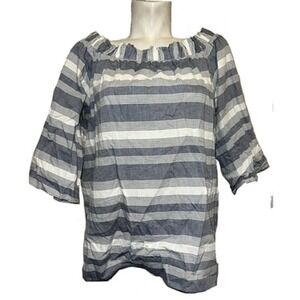 Tahari ASL Top Off Shoulder Striped 3/4 Sleeve Shirt Size L Blue White Cotton